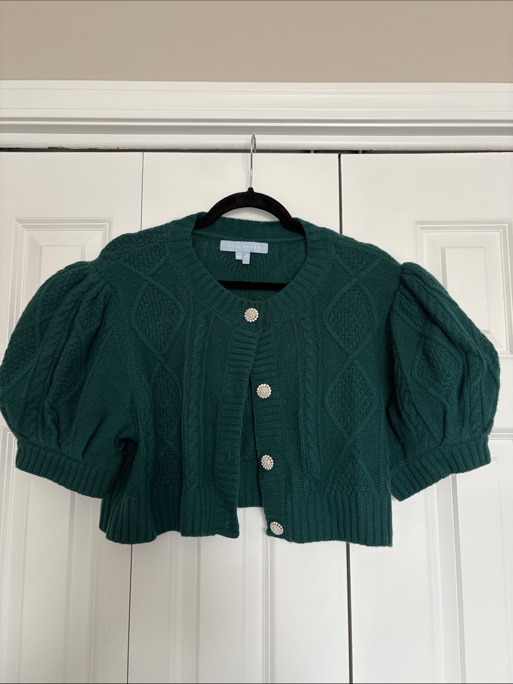 Hill House Emerald Green Puff-Sleeve Cable Knit Cropped Cardigan - Size XL